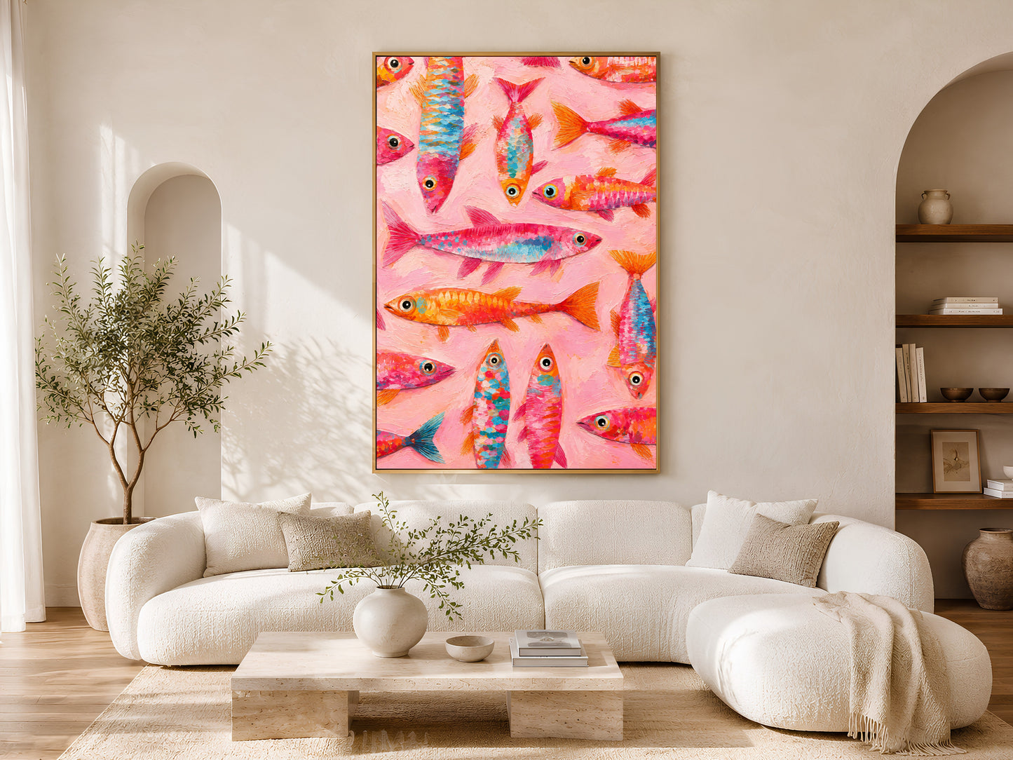 Tropical fish wall art printable hanging above a cream curved sofa in a warm minimalist coastal living room with Mediterranean-inspired decor.