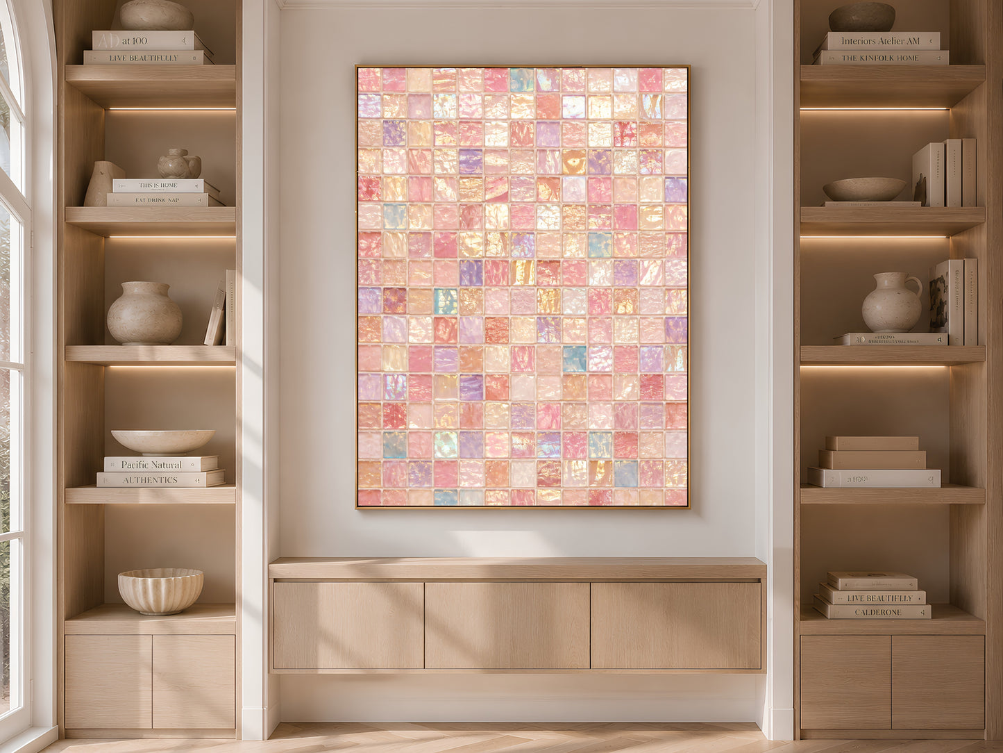Iridescent mosaic print in built-in bookshelf nook, maximalist neutral living room decor