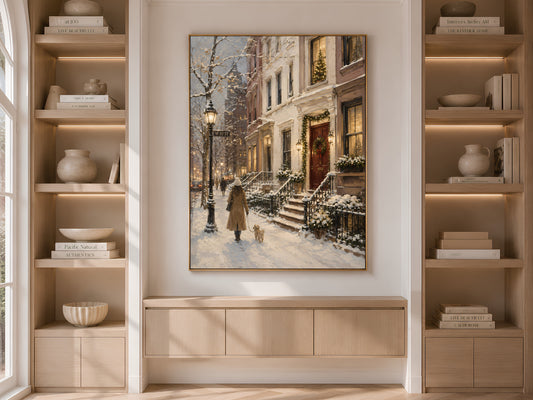 NYC wall art framed and displayed in built-in bookshelf nook with neutral decor and books