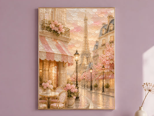Blush pink Paris cafe Eiffel Tower wall art print hanging in dusty mauve room
