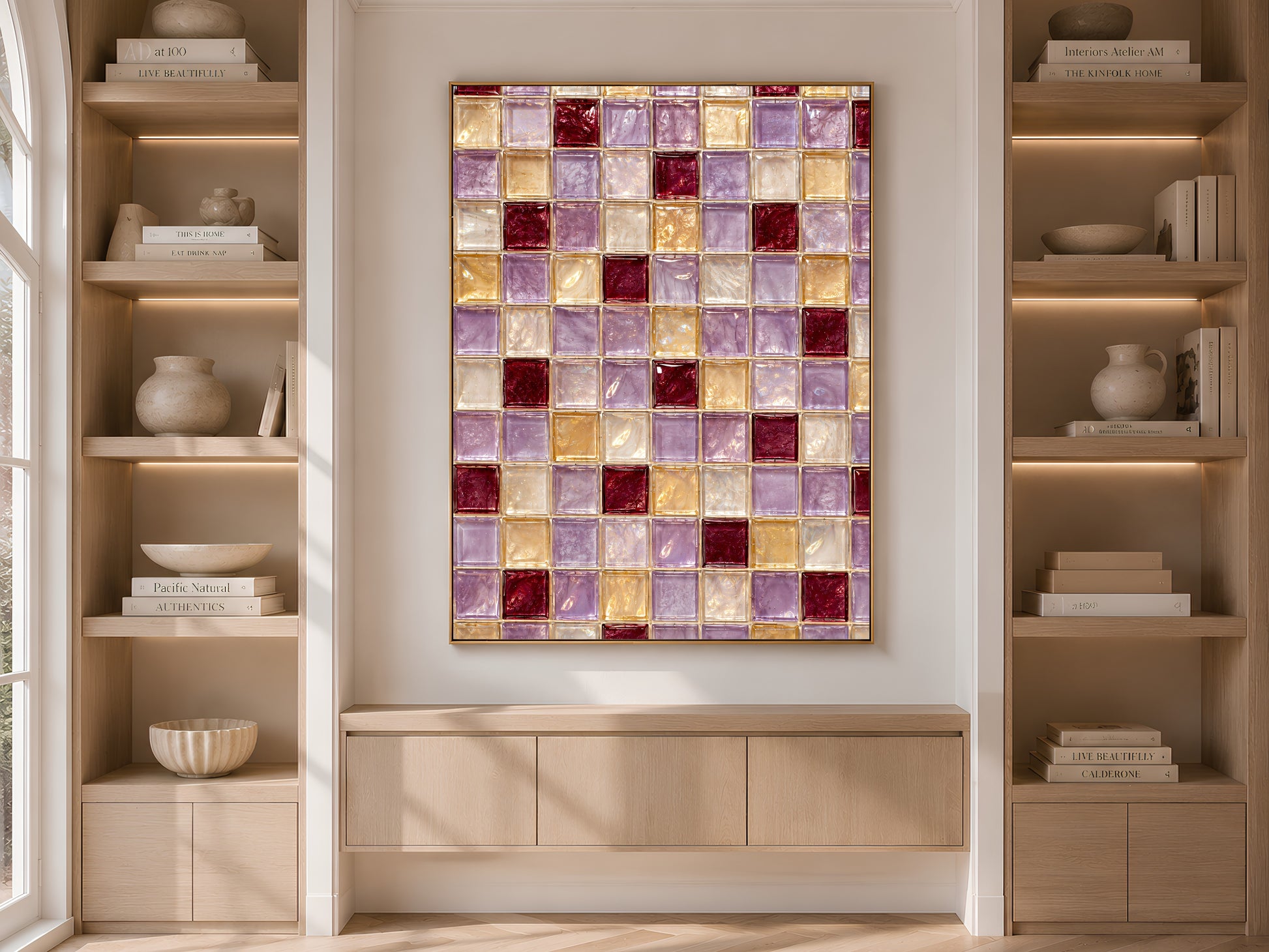 Purple gold mosaic wall art print displayed above a built-in cabinet between wooden bookshelves