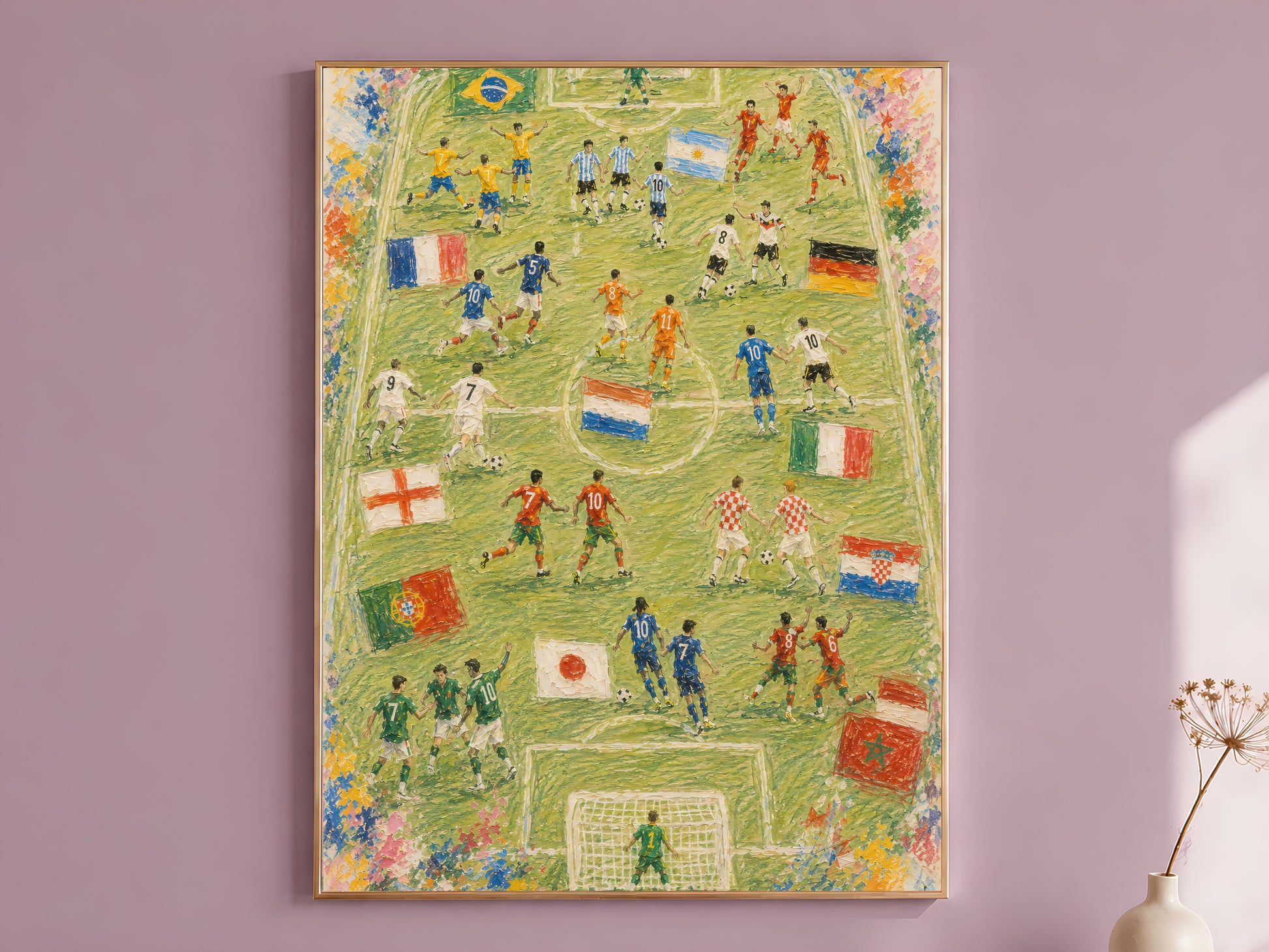 World Cup wall art print in gold frame on mauve wall, soccer teams painting with national flags

