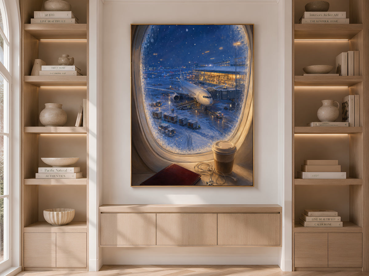 Snowy airport window art framed on built-in bookshelf in neutral room