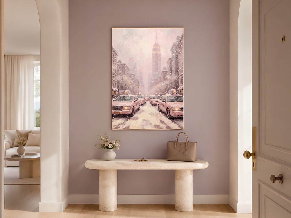 Pink Empire State Building Print, Monochrome NYC Taxi Wall Art - Digital Download