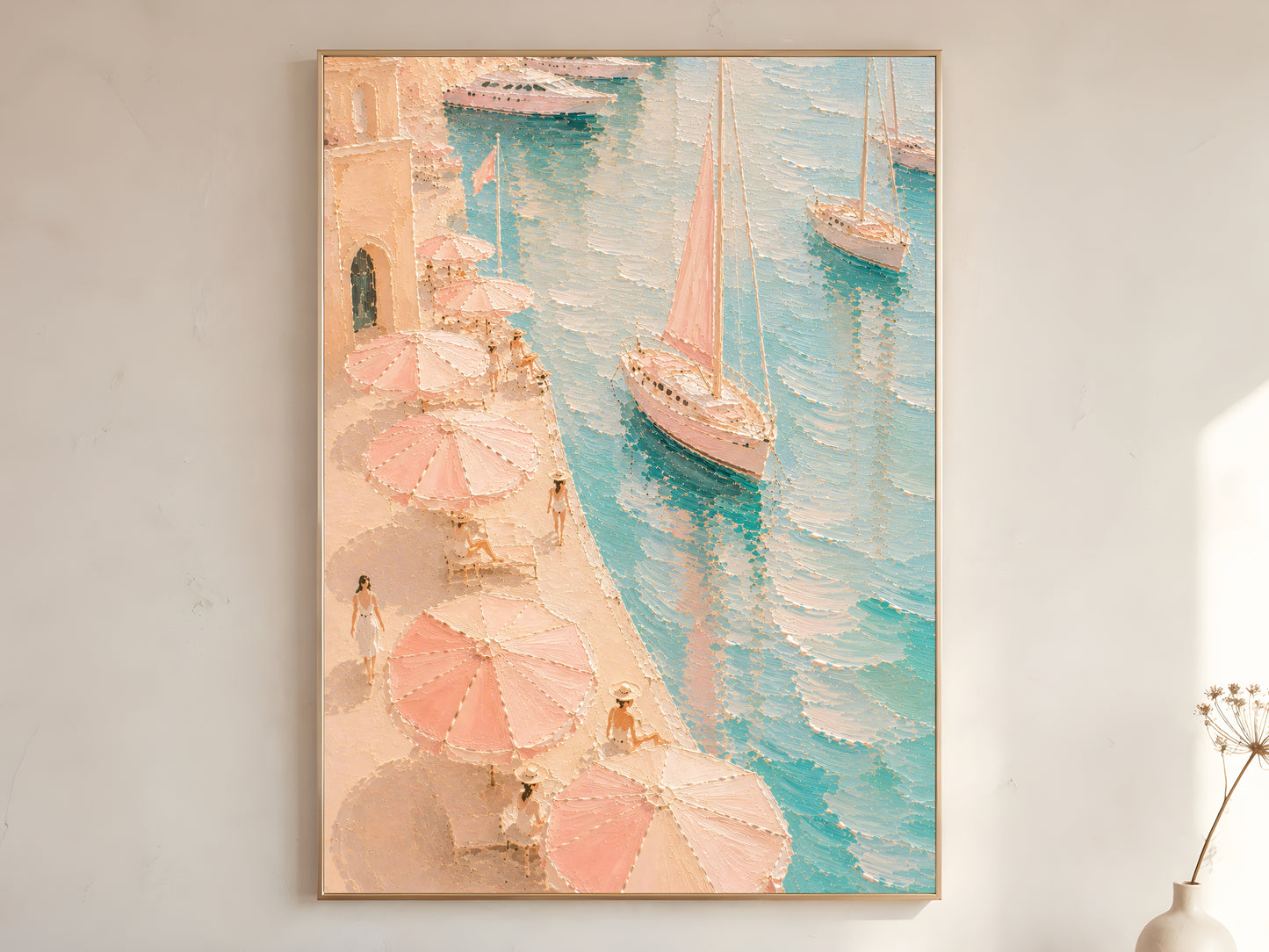Mediterranean harbor impasto wall art print in blush pink, peach and teal in a gold frame leaning against a warm white wall with dried stems
