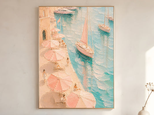 Mediterranean harbor impasto wall art print in blush pink, peach and teal in a gold frame leaning against a warm white wall with dried stems
