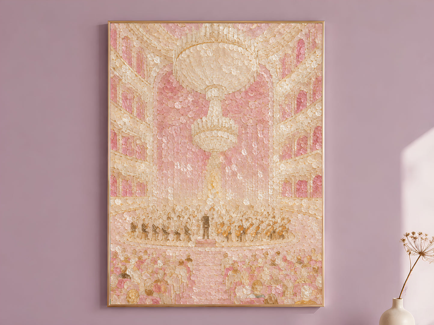 Blush pink opera house capiz shell mosaic wall art print hanging in dusty mauve room
