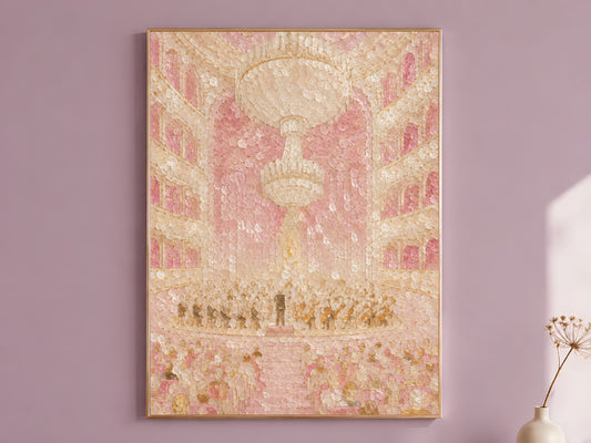 Blush pink opera house capiz shell mosaic wall art print hanging in dusty mauve room
