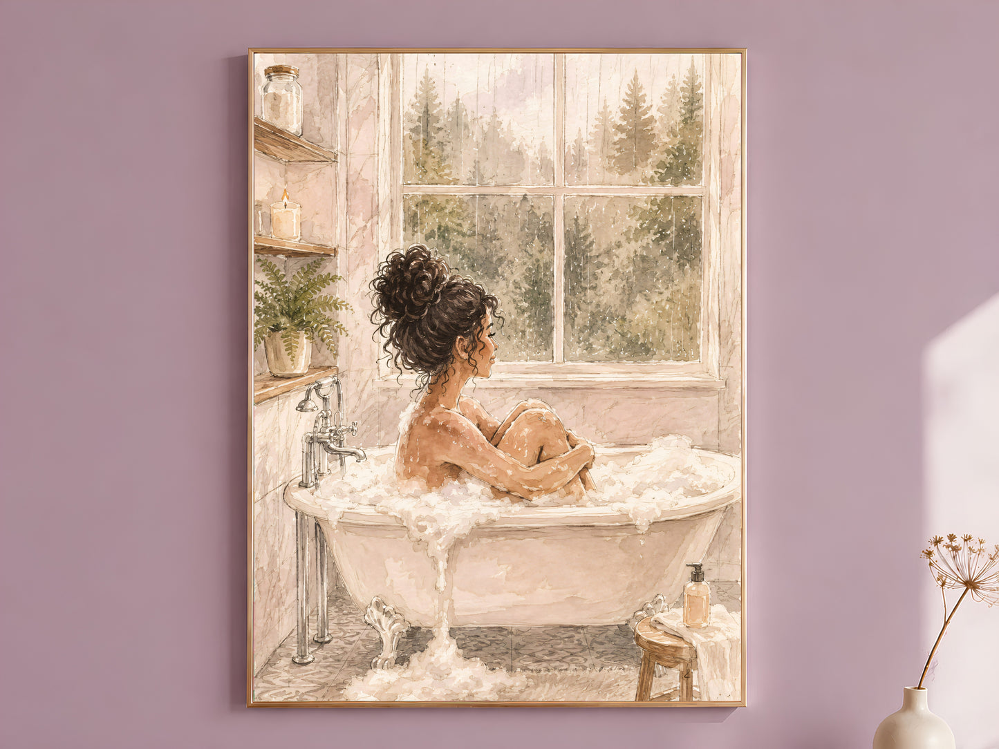 Self Care Bath Illustration, Woman in Bathtub Watercolor Print - Digital Download