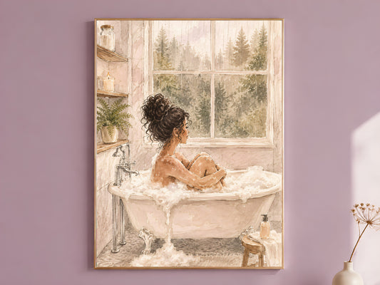 Self Care Bath Illustration, Woman in Bathtub Watercolor Print - Digital Download