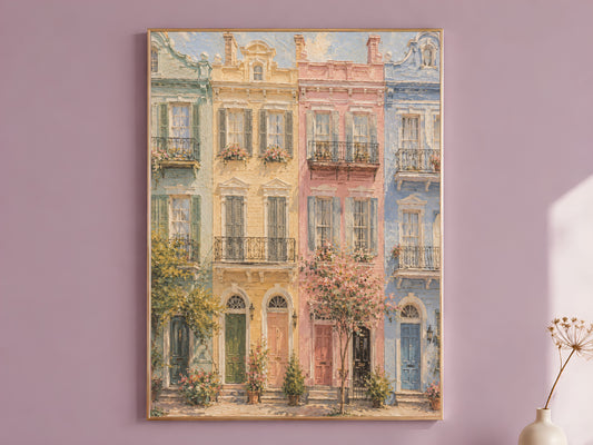 Framed Rainbow Row wall art above a bathroom vanity counter with brass fixtures
