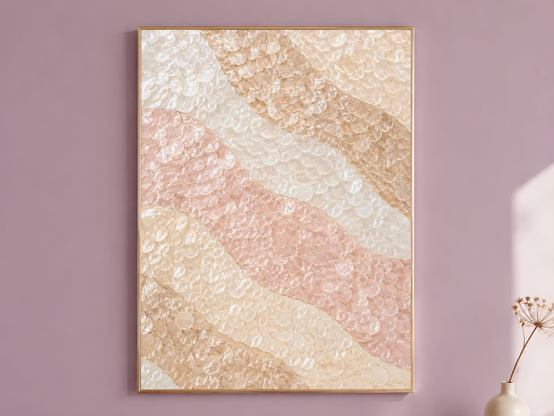 Featured — Framed ombre wave mosaic wall art print in blush, cream, and caramel hanging on a mauve wall
