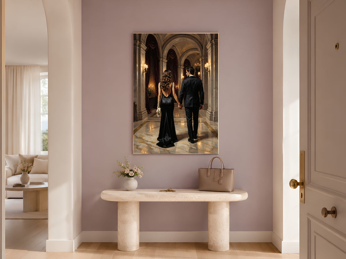 Dark Academia Couple Wall Art, Elegant Gala Hallway Oil Painting Print - Digital Download