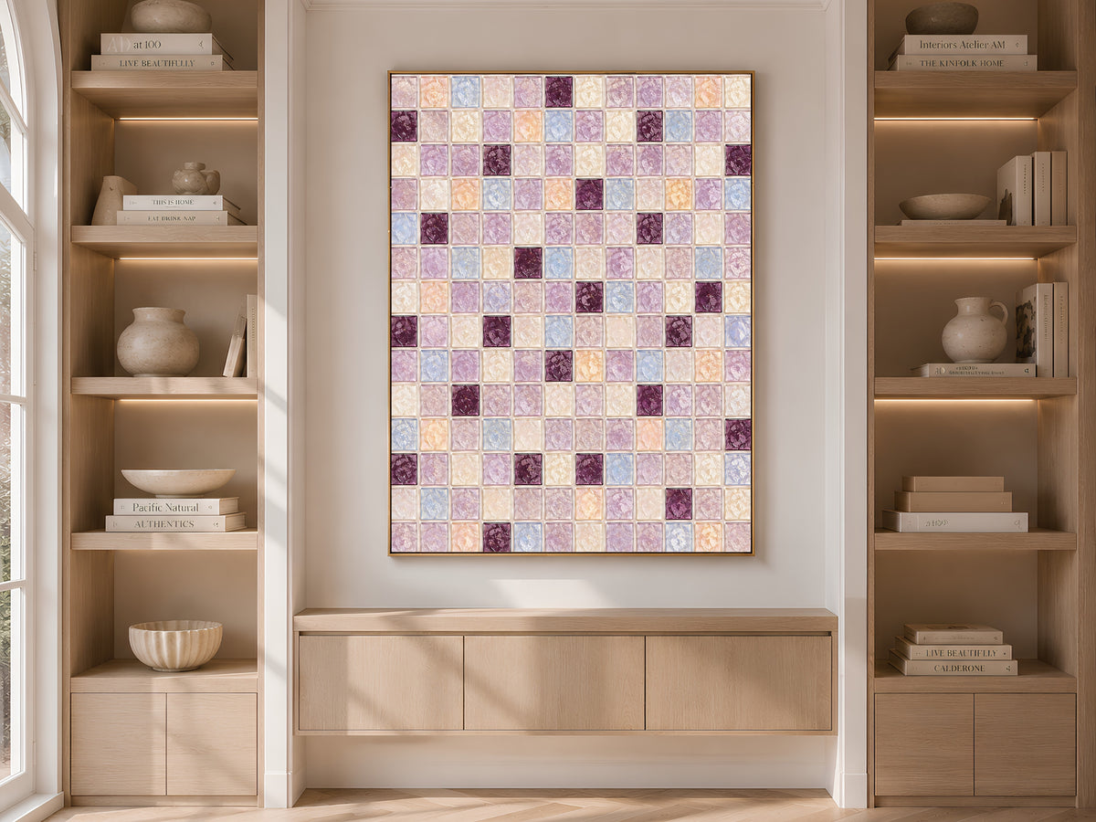 Plum lavender mosaic wall art framed on a built-in bookshelf with books and decor
