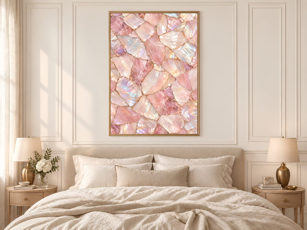 Rose Quartz Wall Art, Pink Mother of Pearl Print, Blush Crystal Mosaic, Glam Bedroom Decor, Feminine Iridescent Poster, Instant Download