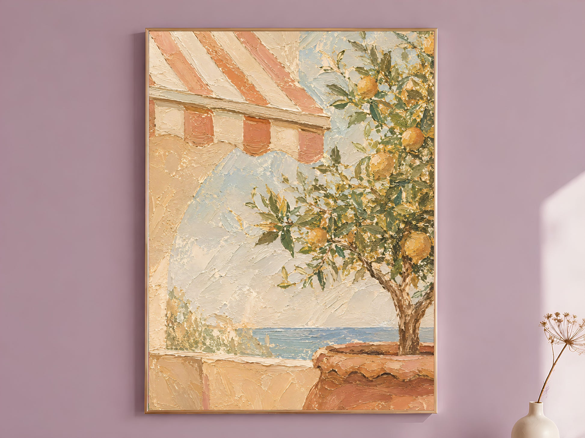 Mediterranean terrace wall art print with striped awning and lemon tree hanging framed on a mauve wall, impasto oil painting style
