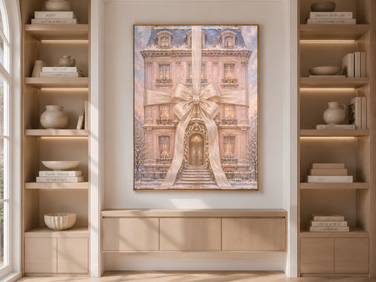 Pink chateau Christmas print framed and displayed in built-in wood shelving with books and decor