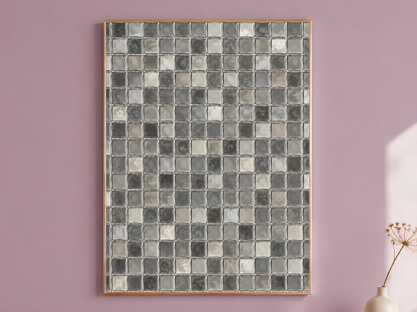 Grey mosaic wall art print in silver and charcoal glass tile pattern hanging framed on a mauve wall
