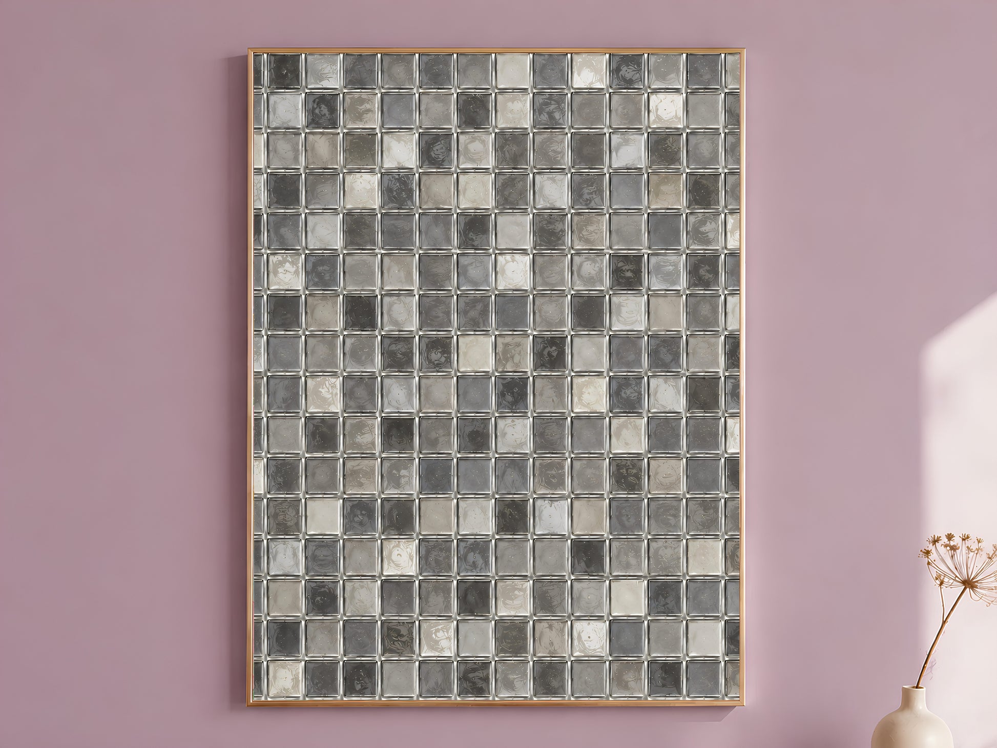 Grey mosaic wall art print in silver and charcoal glass tile pattern hanging framed on a mauve wall
