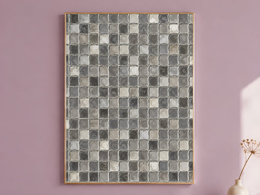 Grey mosaic wall art print in silver and charcoal glass tile pattern hanging framed on a mauve wall
