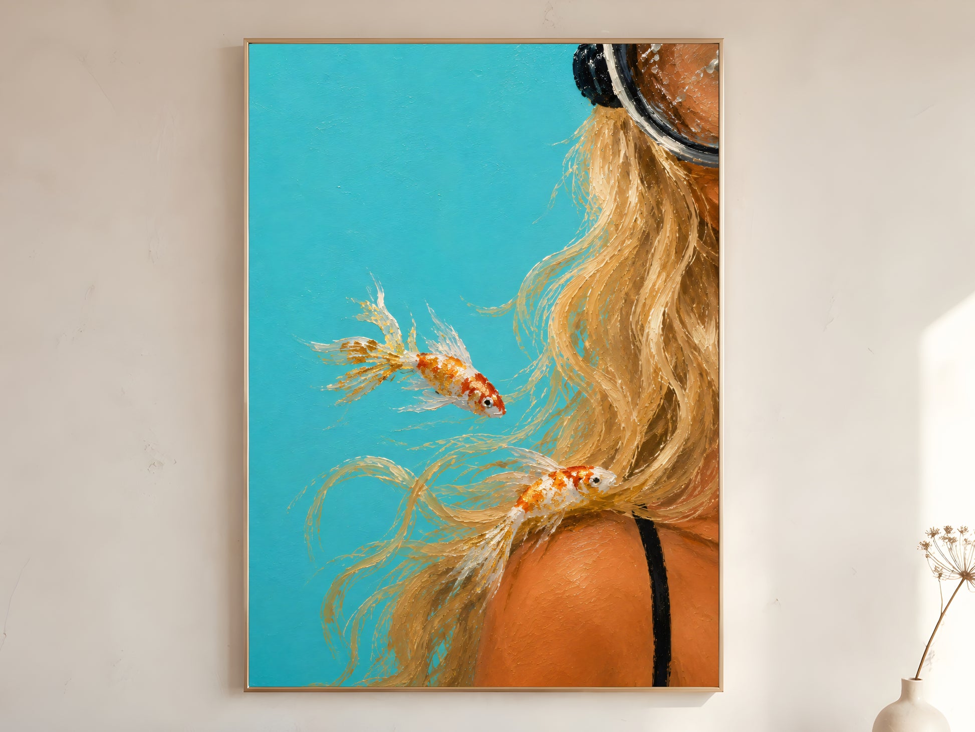 Scuba diver girl oil painting in gold frame leaning against a white wall with dried florals and turquoise figurative ocean art