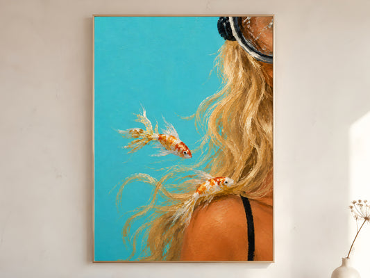 Scuba diver girl oil painting in gold frame leaning against a white wall with dried florals and turquoise figurative ocean art