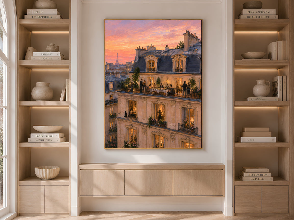 Parisian rooftop art framed on built-in bookshelf in neutral living room