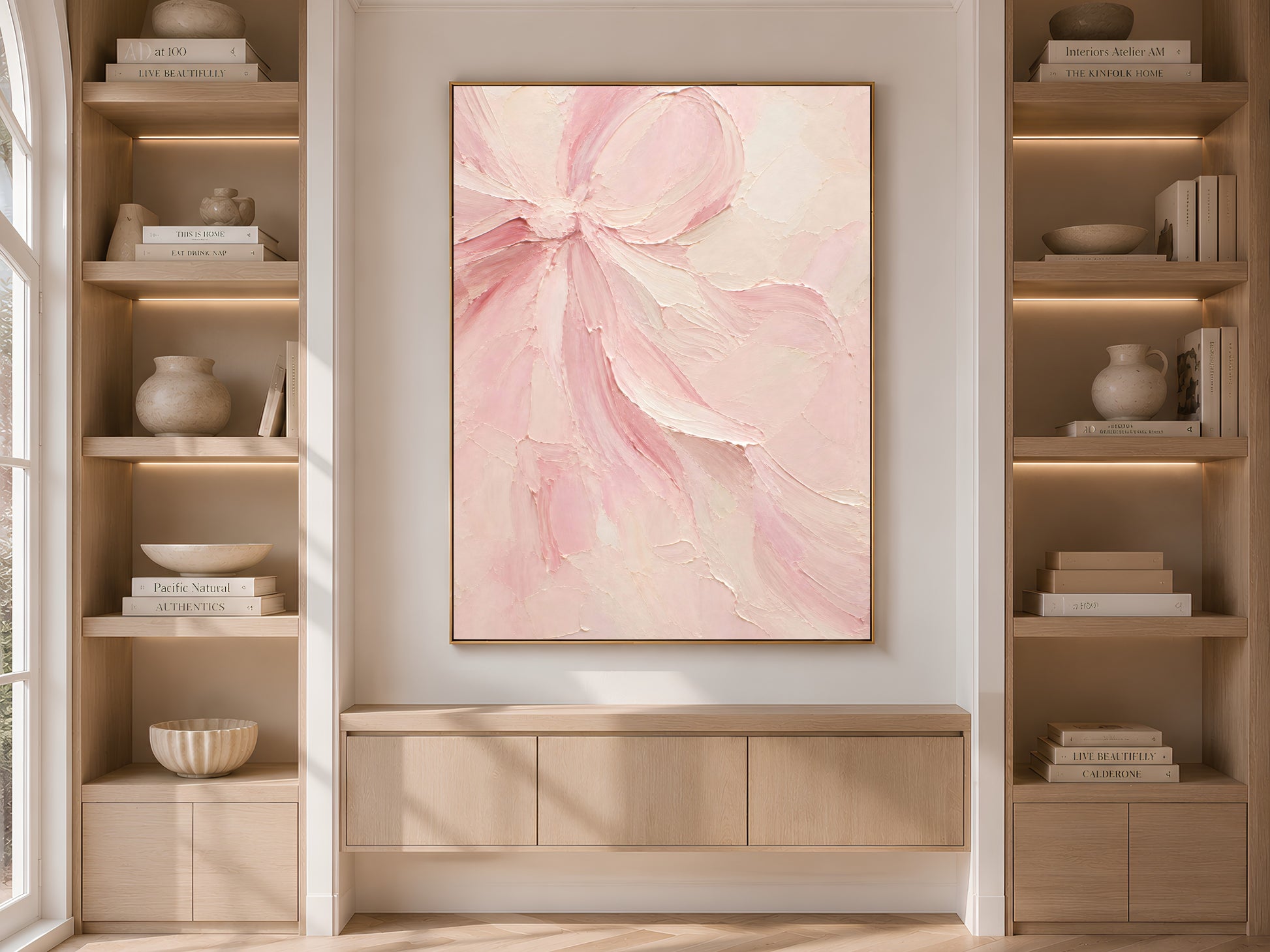 Pink bow wall art print displayed above a built-in cabinet between wooden bookshelves