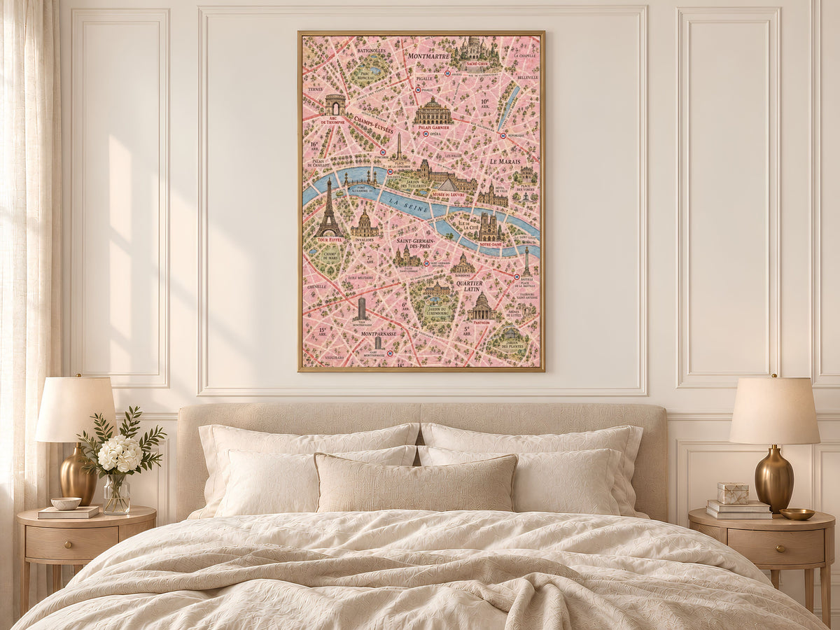 Paris Map Wall Art, Illustrated City Map Print - Digital Download