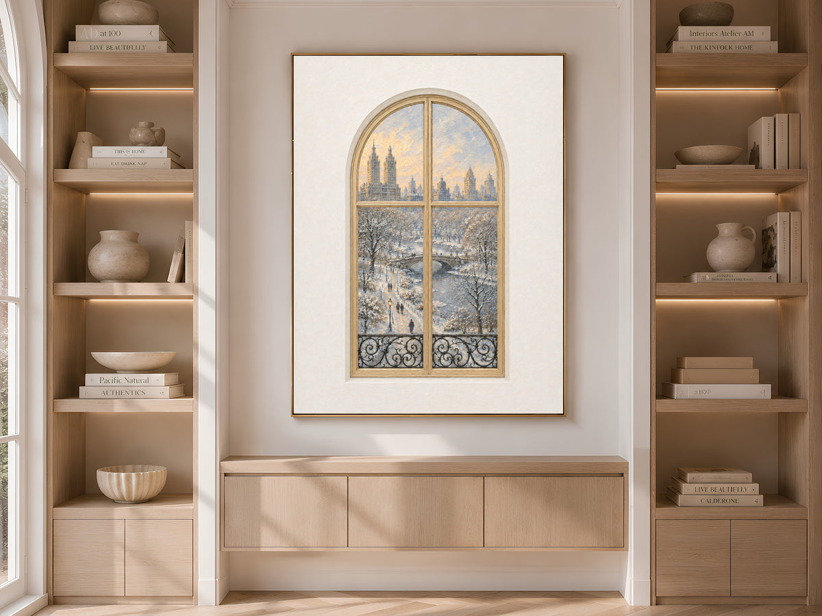 Central Park Window Wall Art, Snowy Winter Bridge View Print - Digital Download