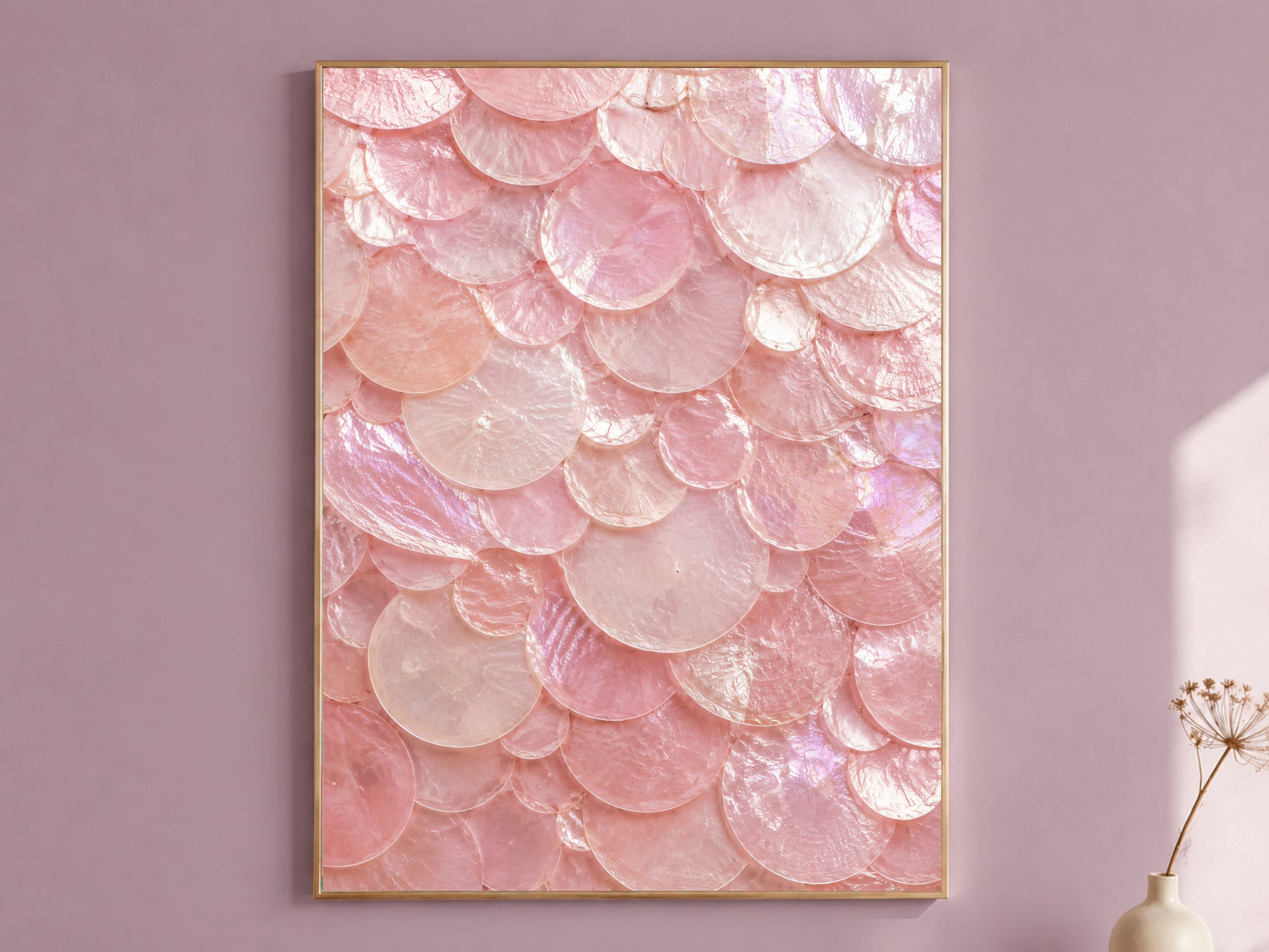 Pink capiz shell wall art in a thin gold frame hanging on a dusty mauve wall, styled with a small dried flower vase.