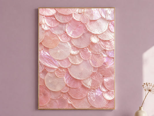 Pink capiz shell wall art in a thin gold frame hanging on a dusty mauve wall, styled with a small dried flower vase.