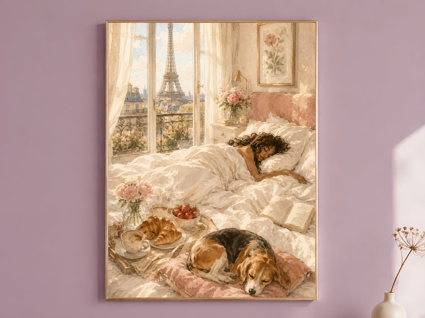 Framed Paris breakfast in bed illustration print with croissants, coffee, and a sleeping beagle