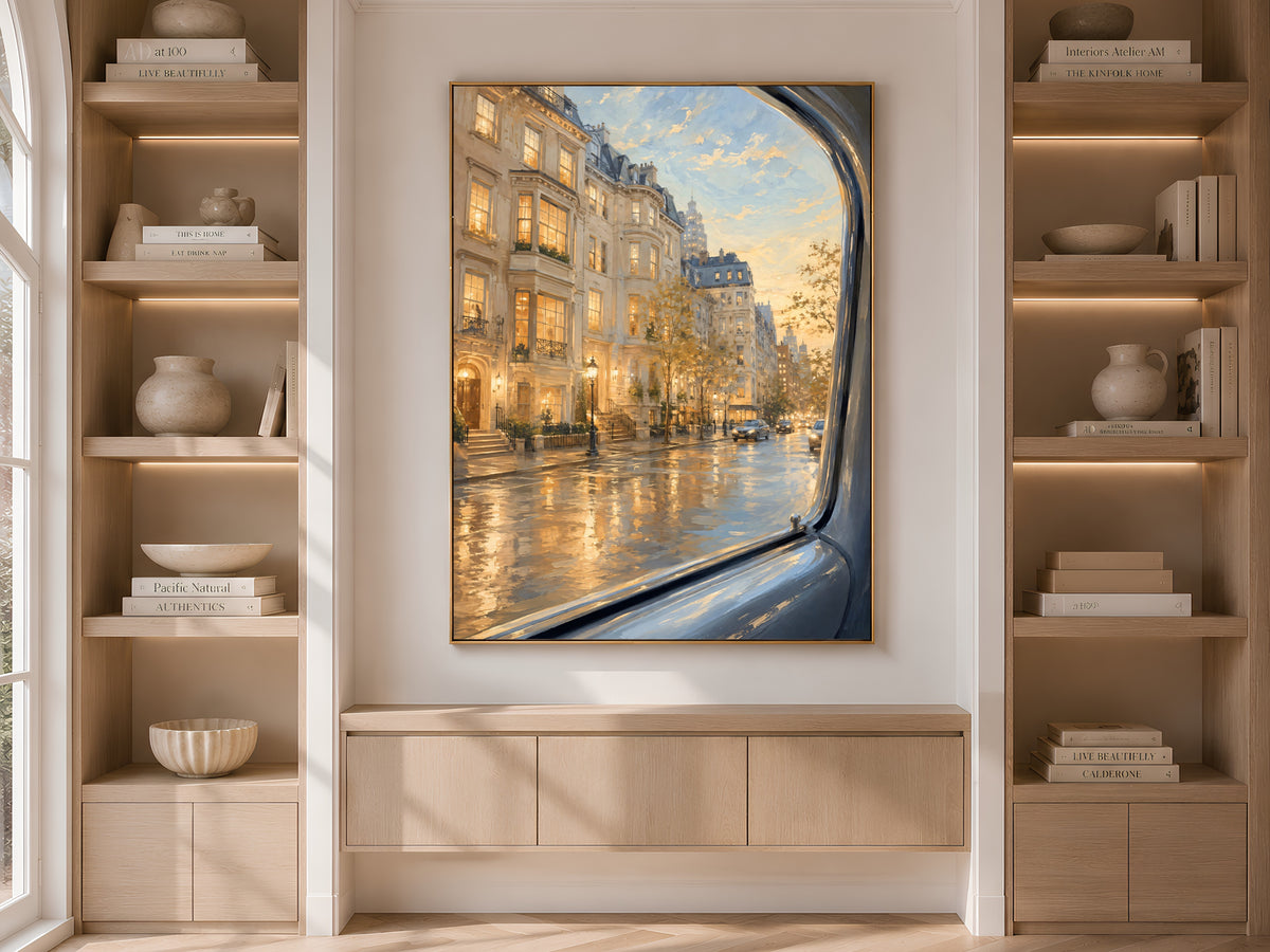 NYC Brownstone Street Print, Rainy City Wall Art - Digital Download