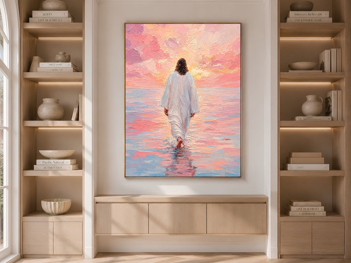 Jesus walking on water print with pastel sunset displayed between styled bookshelves