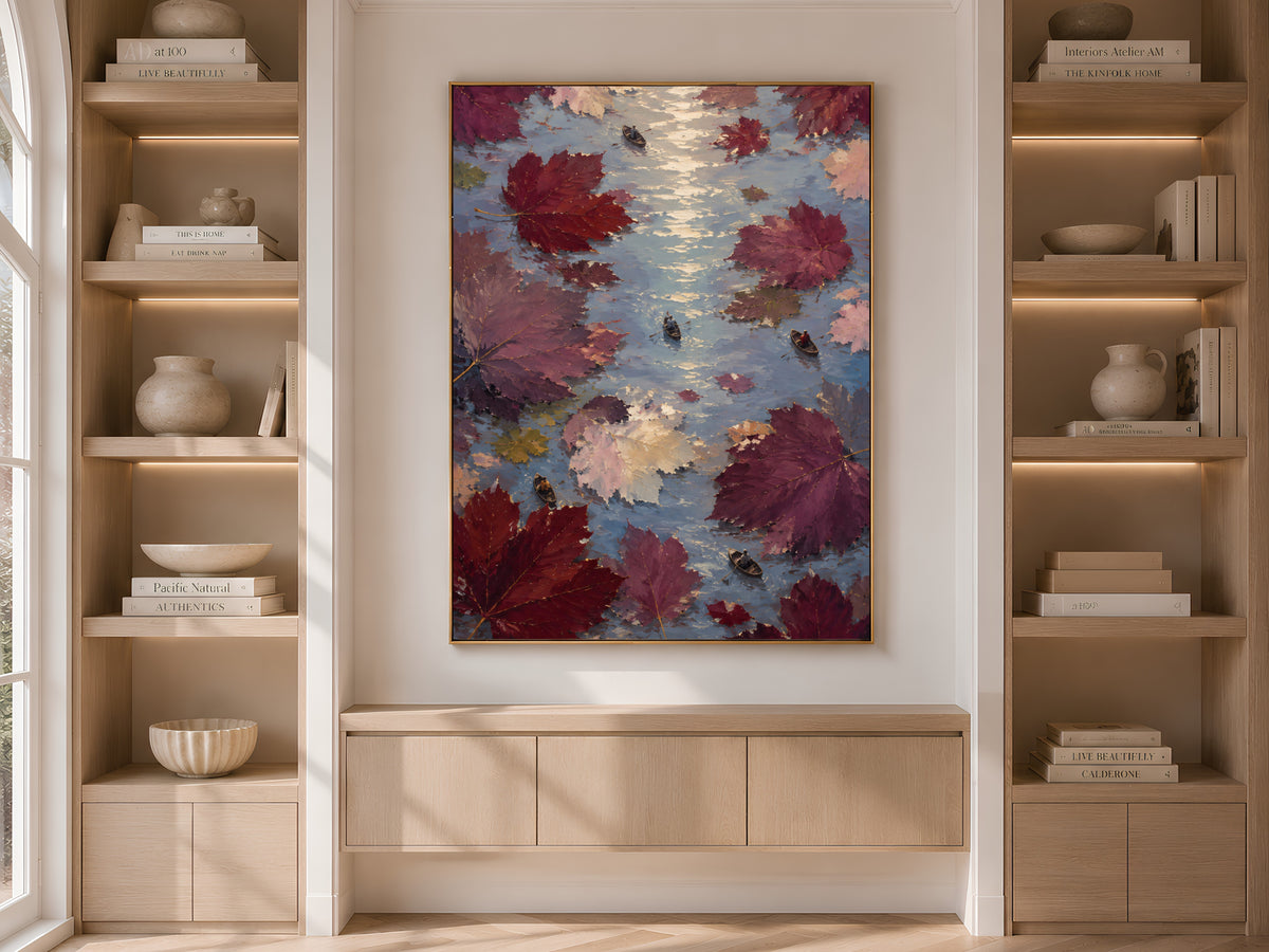Surreal maple leaves rowboat art framed in wood built-in bookshelf nook