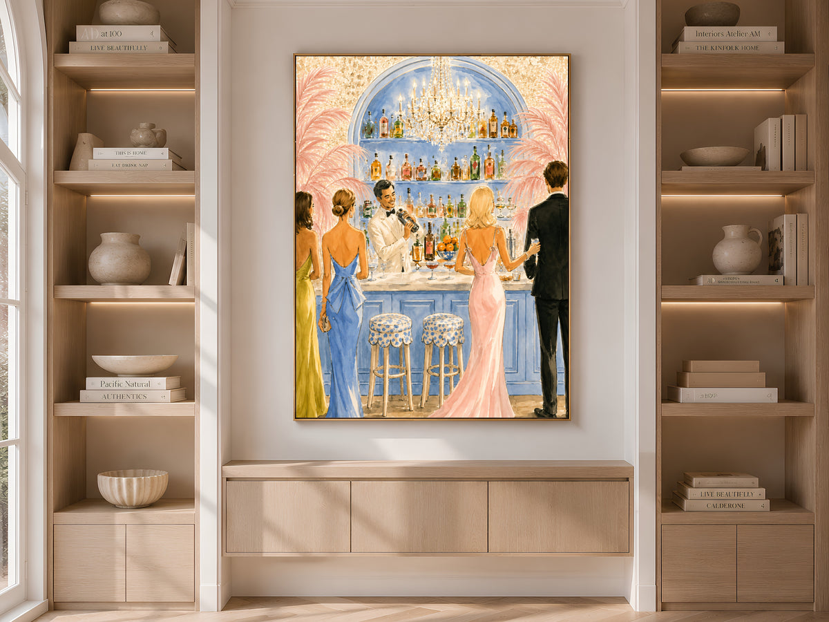Riviera Cocktail Bar Wall Art, Preppy Pink Watercolor Print - Digital Download