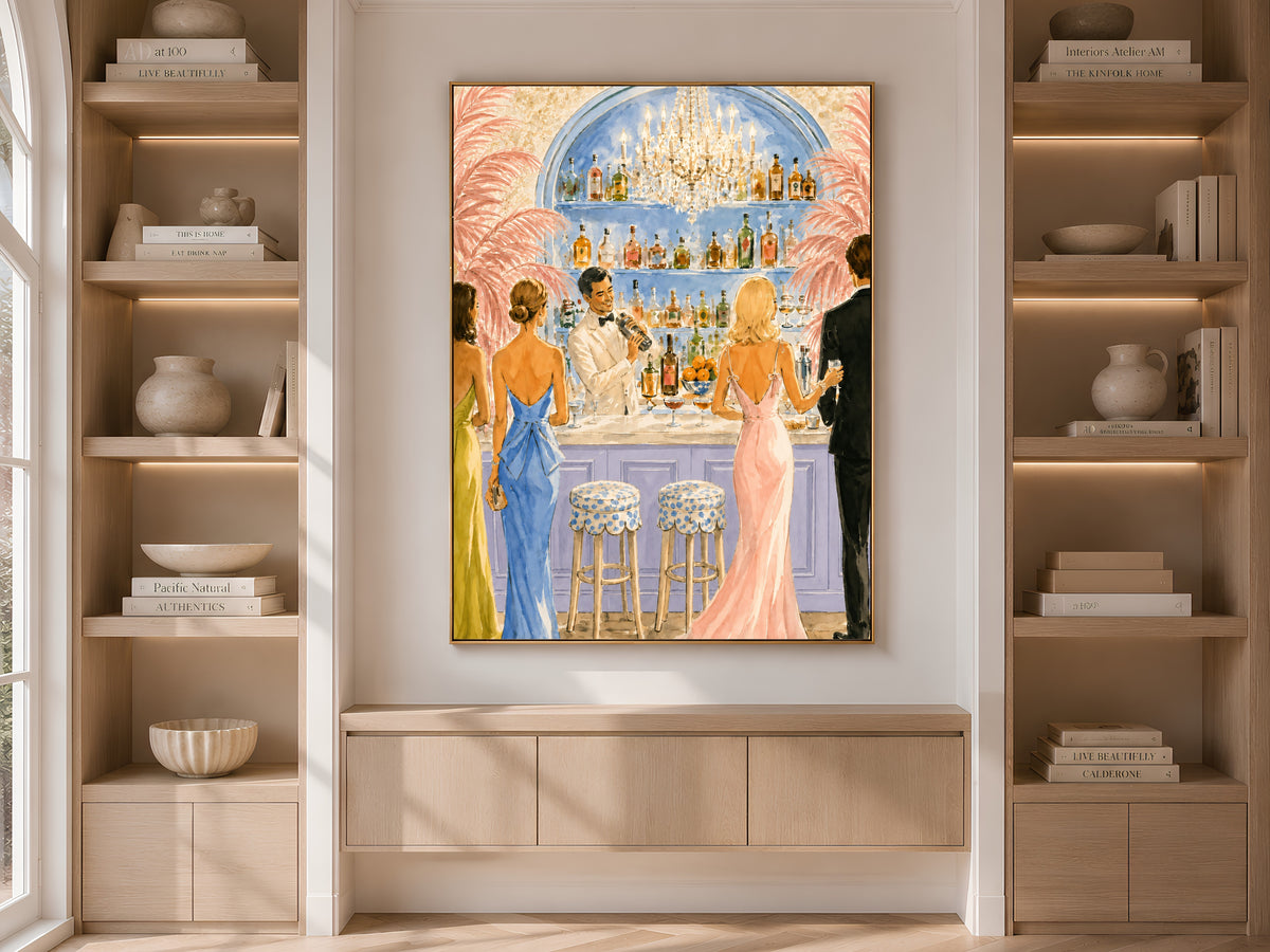 Riviera Cocktail Bar Wall Art, Preppy Pink Watercolor Print - Digital Download