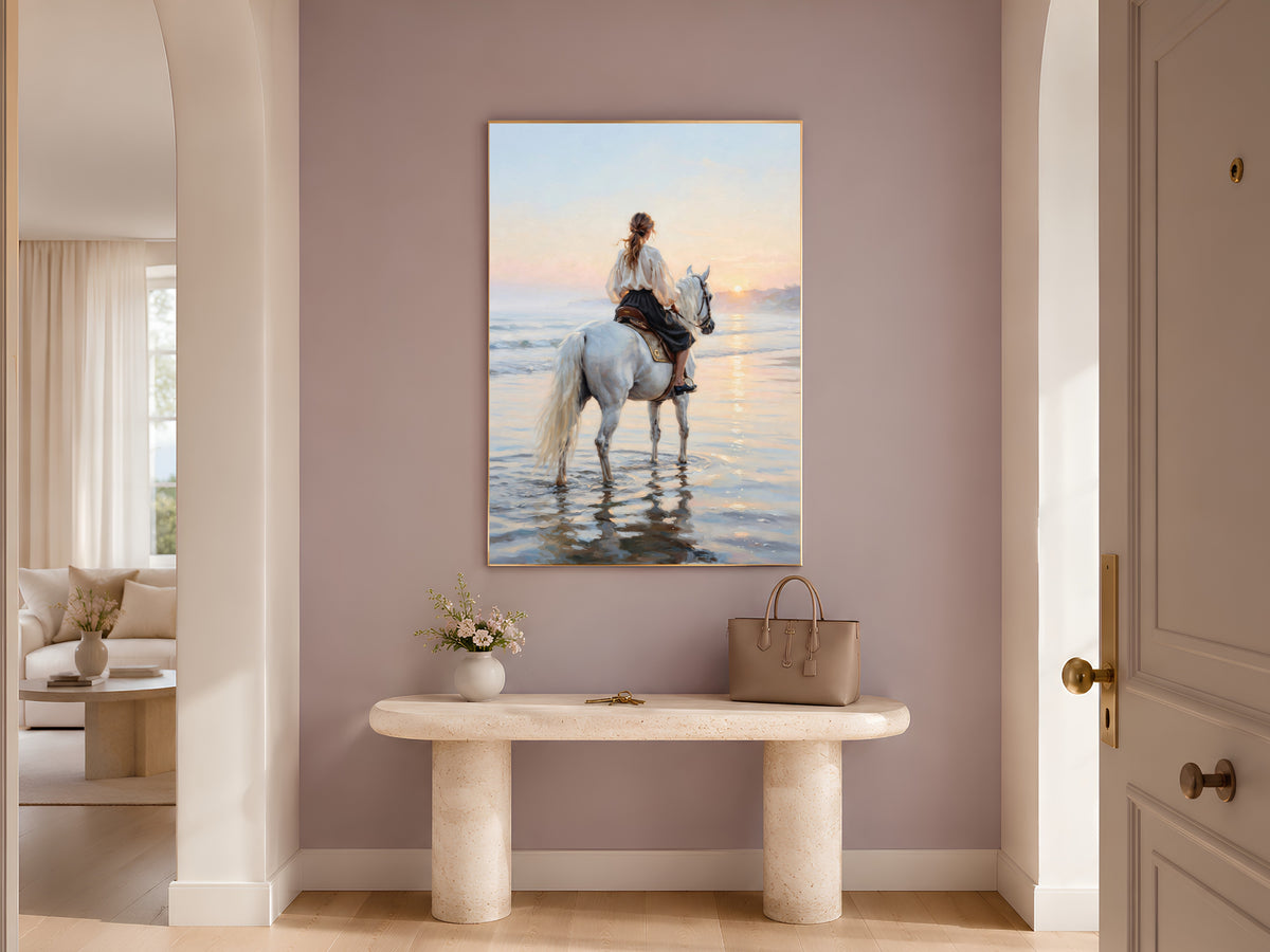 Woman on White Horse Wall Art, Beach Sunset Oil Painting Print - Digital Download