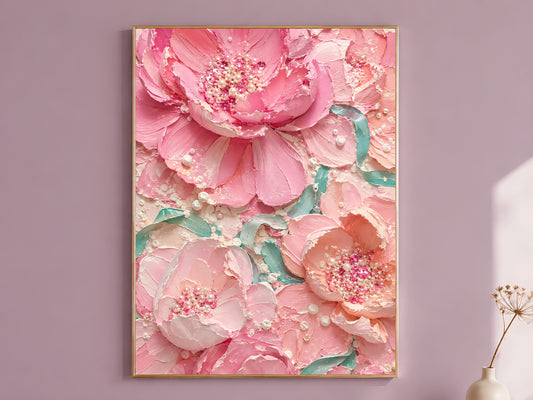 Blush pink peony wall art in gold frame hanging on dusty mauve bedroom wall
