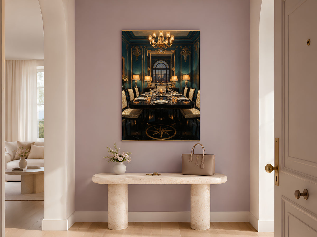Art Deco Dining Room Wall Art, Teal Gold 1920s Interior Oil Painting - Digital Download