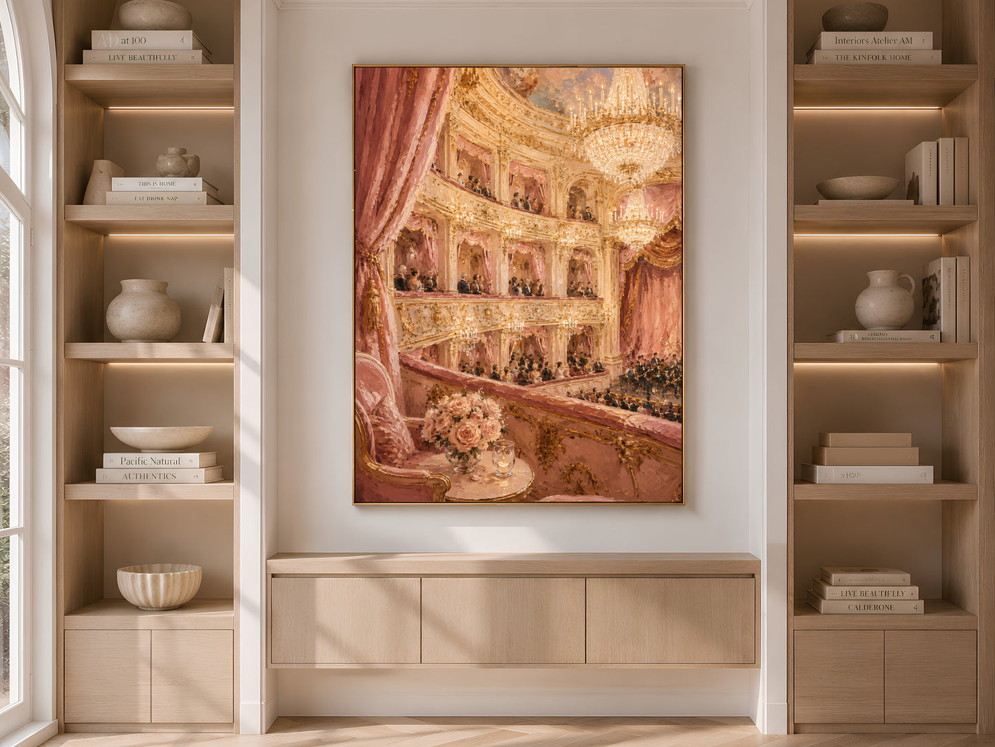 Opera house painting print in built-in bookshelf, maximalist living room decor