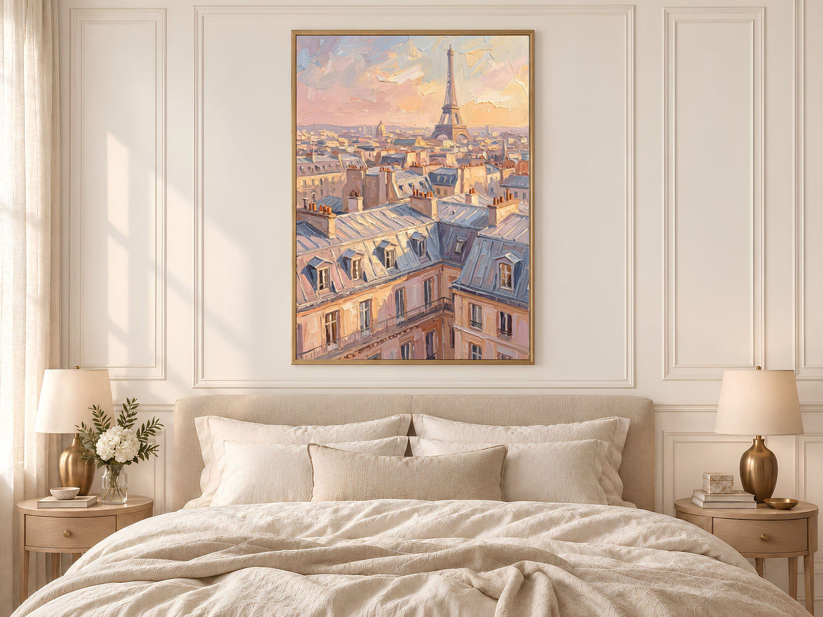 Paris Wall Art, Impasto Oil Painting Print, Eiffel Tower Sunset Rooftops - Digital Download