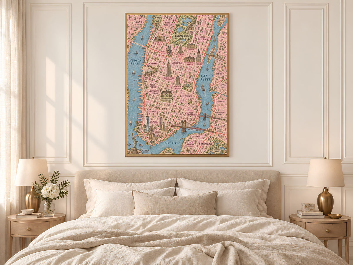 New York City Map Wall Art, Illustrated Manhattan Map Print - Digital Download