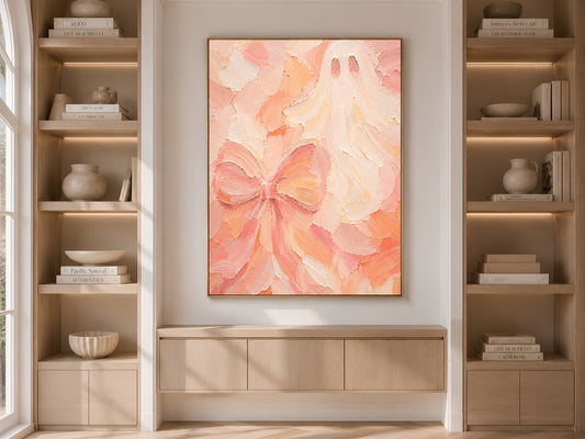 Pastel Halloween wall art print displayed above a built-in cabinet between two wooden bookshelves