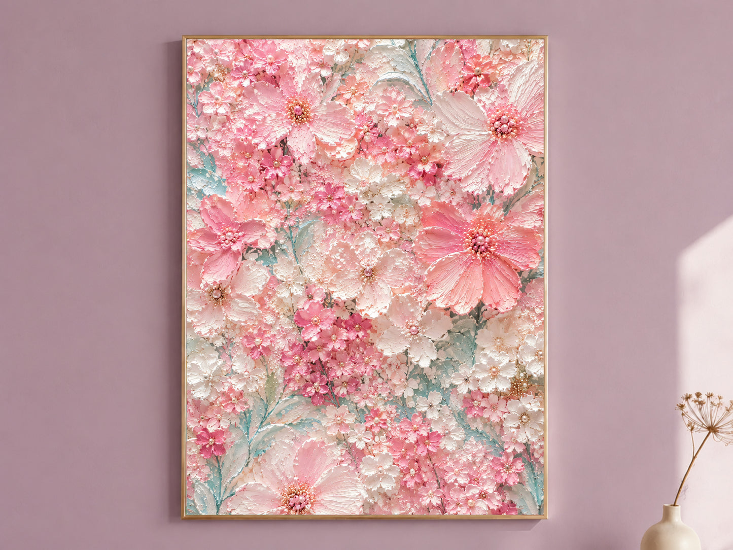 Light pink blossom wall art in gold frame hanging on dusty mauve bedroom wall