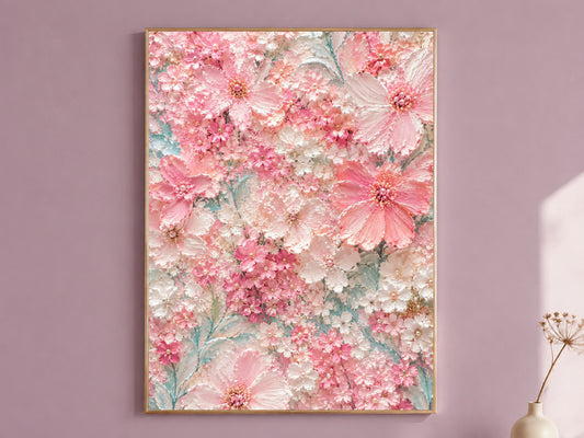 Light pink blossom wall art in gold frame hanging on dusty mauve bedroom wall