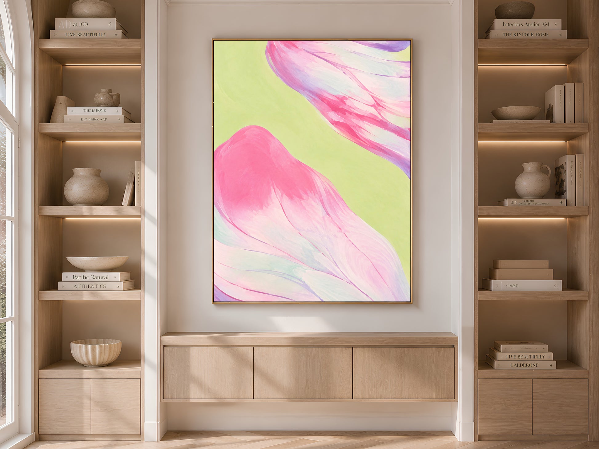 Pink and purple abstract art in built-in bookshelf, maximalist neutral living room decor