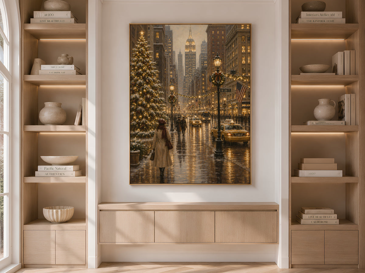 NYC Christmas wall art framed and displayed in built-in bookshelf nook with neutral decor