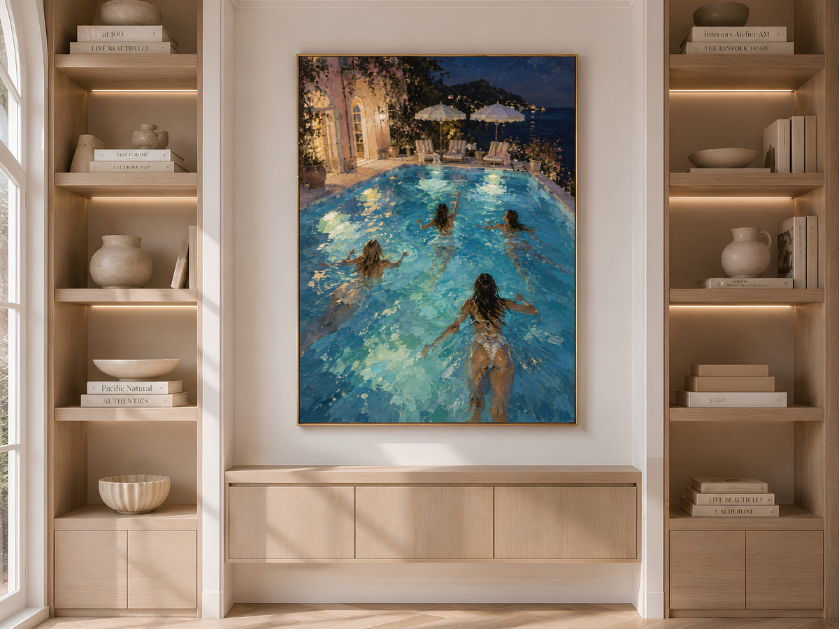 Night swim pool print framed and displayed in built-in wood shelving with books and decor